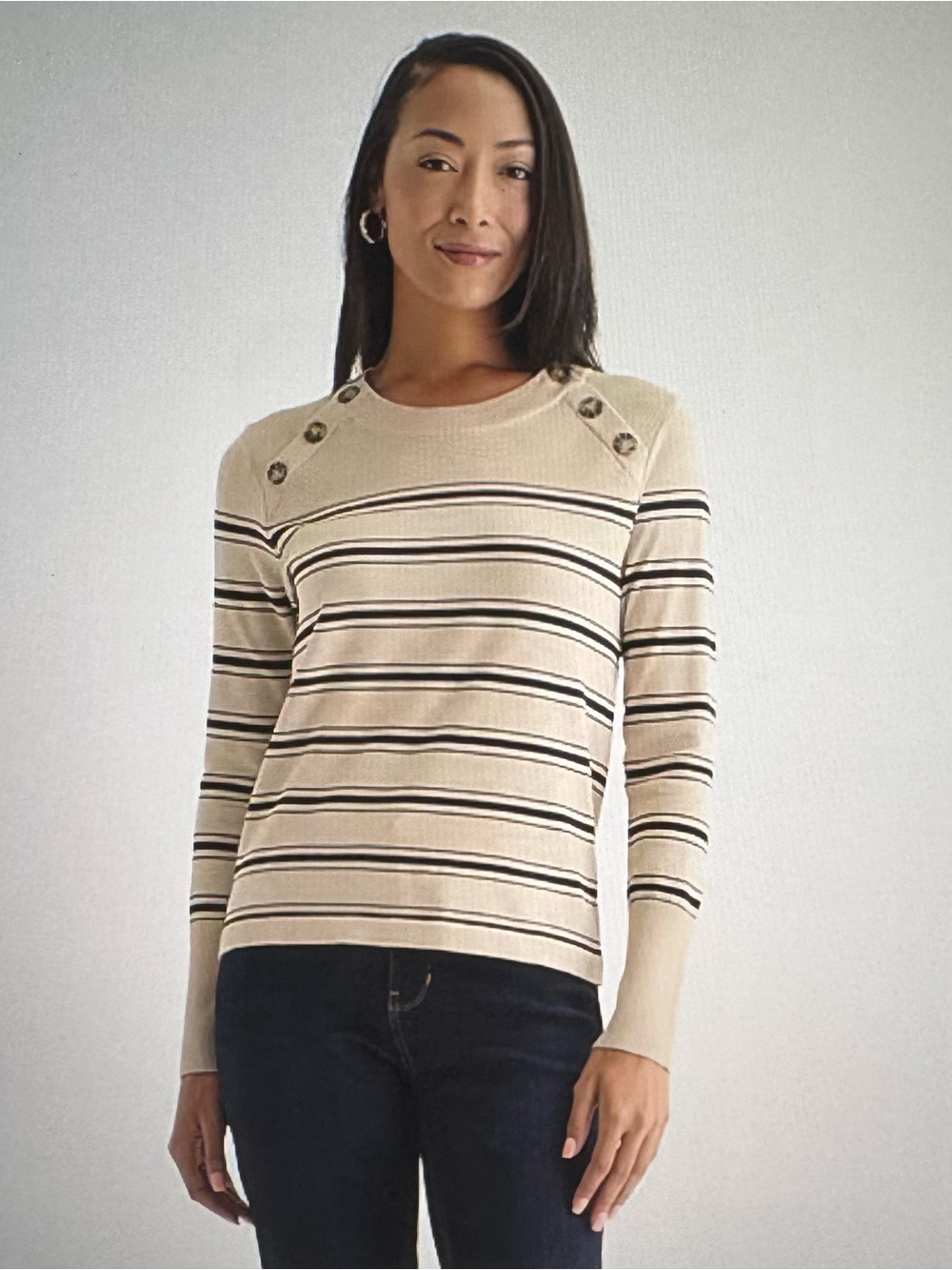 Liz Claiborne Cream Striped Button-Shoulder Long Sleeve Tee
